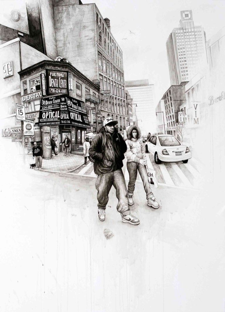 BROOKLYN, FULTON & DUFFIELD STREET CORNER - 2009, acrylic on paper, 145 x 106 cm