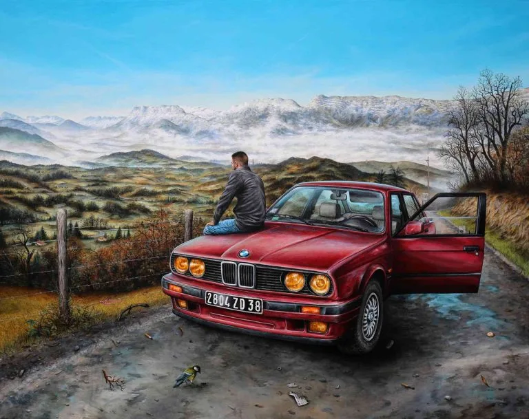 INJECTION, BMW 316i E30 (1990) - 2020, acrylic on wood, 72,7 x 92 cm (collection Musée de Grenoble, Grenoble, FR)