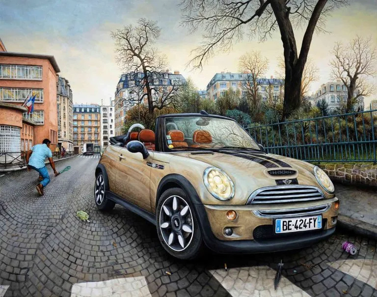 INJECTION, MINI COOPER S R52 SIDEWALK (2007) - 2023, acrylic on wood, 72,5 x 92 cm