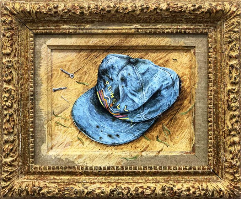 LA CASQUETTE DE PAPI - 2023, acrylic on wood and frame, 29 x 35 cm