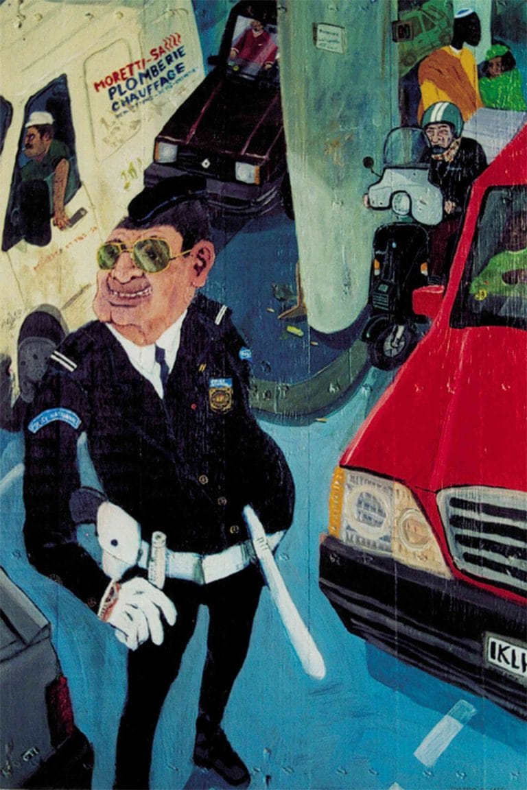 LE FLIC À BARBÈS - 1998, acrylic on wooden pallet, 93 x 65 cm