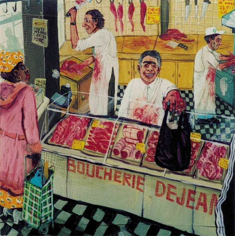 LES BOUCHERS, MARCHÉ DEJEAN - 1999, acrylic on canvas, 49,5 x 49,5 cm