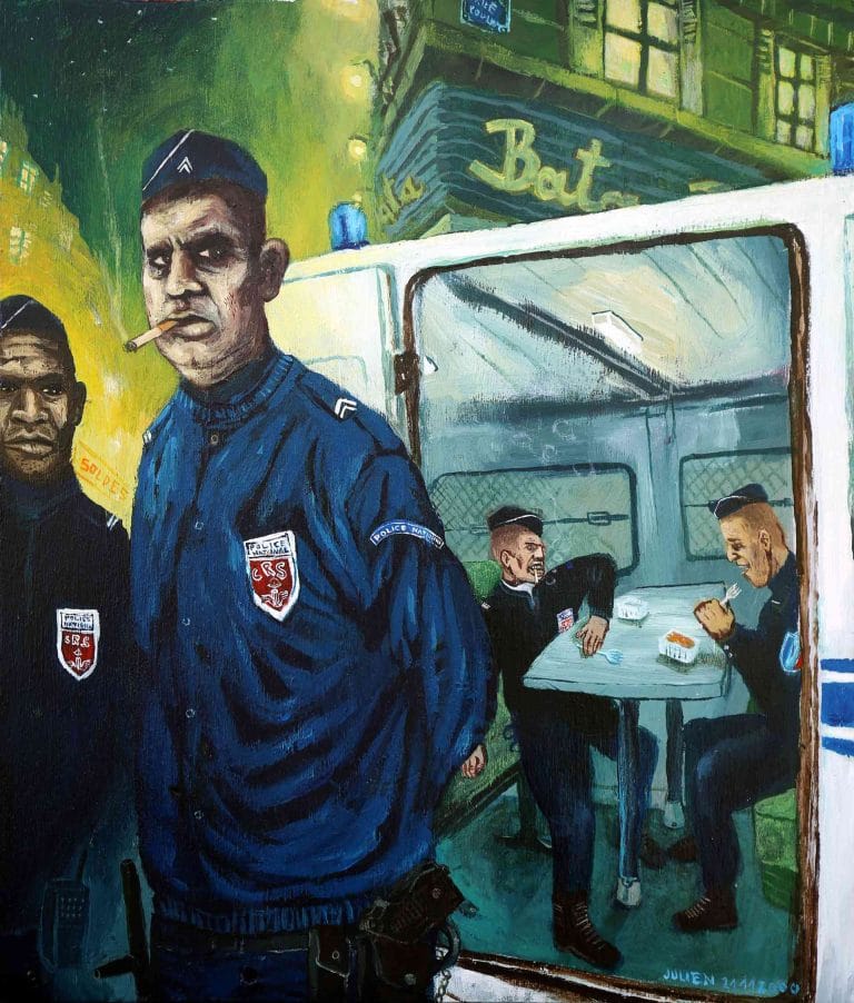 LES CRS PASSENT À TABLE - 2000, acrylique sur bois, 43 x 36,5 cm