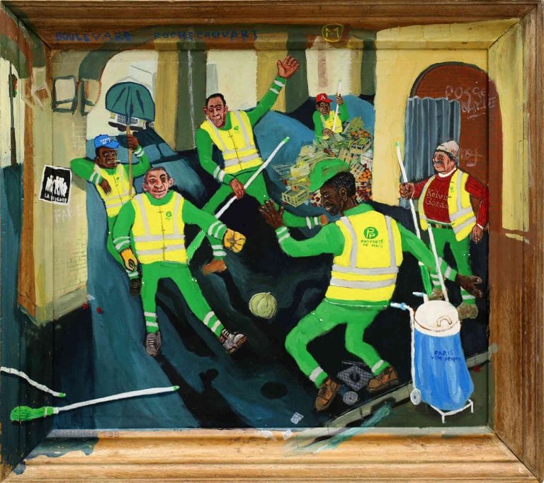 LES ÉBOUEURS DE ROCHECHOUART, COUPE DU MONDE - 1998, acrylic on wood and frame, 61 x 69 cm