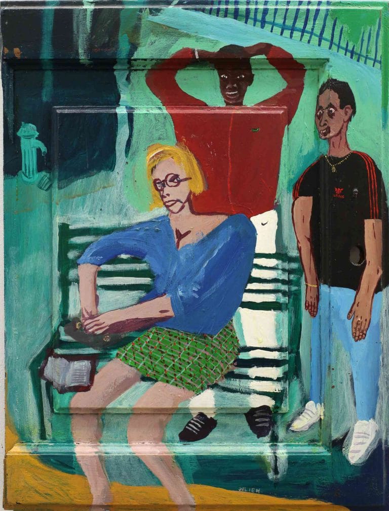 LES PETITS DRAGUEURS - 1998, acrylic on wood door, 51,5 x 38,5 cm