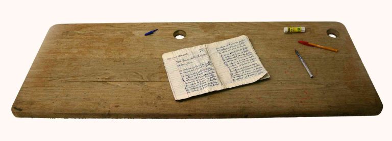 L’ŒIL DU TIGRE, LA PUNITION - 2014, acrylic painted objects and school desk