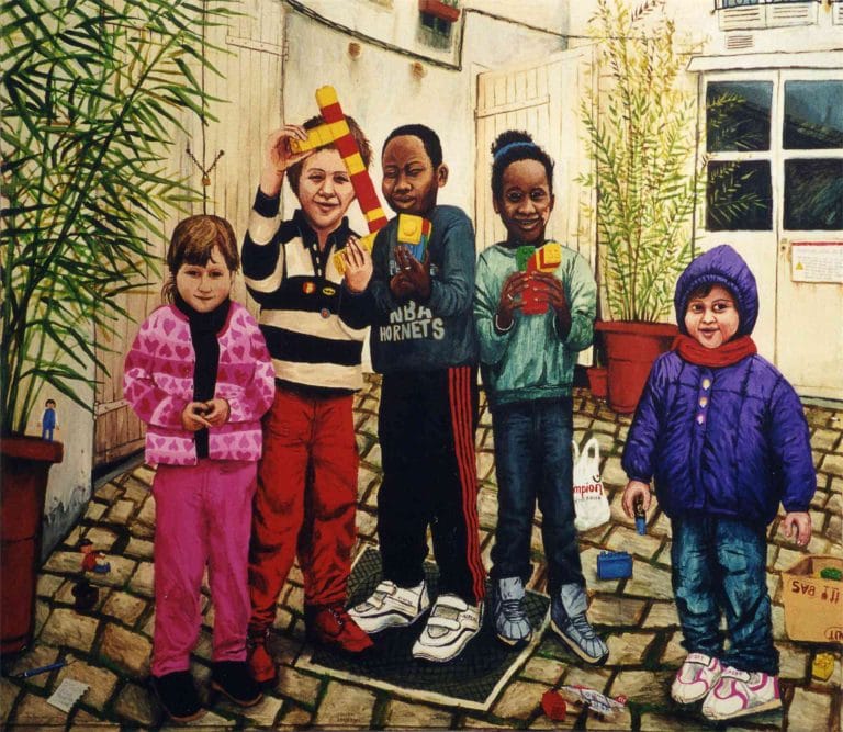 MARIE, ZACHARIE, ALIOU, MAJOULA & DEBORAH - 2002, acrylic on wood, 125 x 145 cm