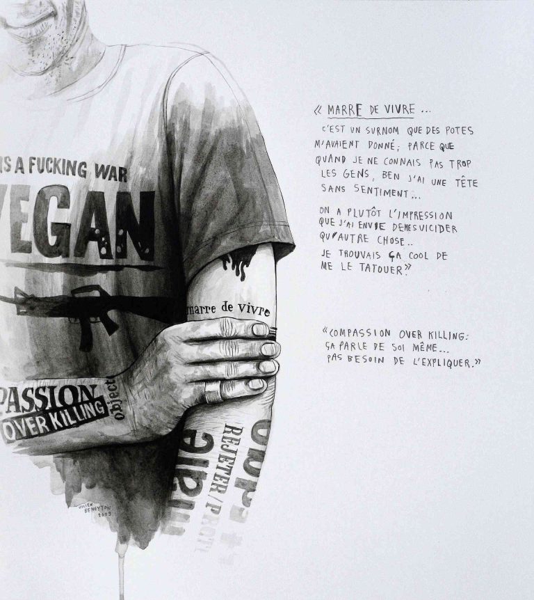 MARRE DE VIVRE, COMPASSION OVER KILLING - 2009, acrylic on paper, 34 x 31 cm