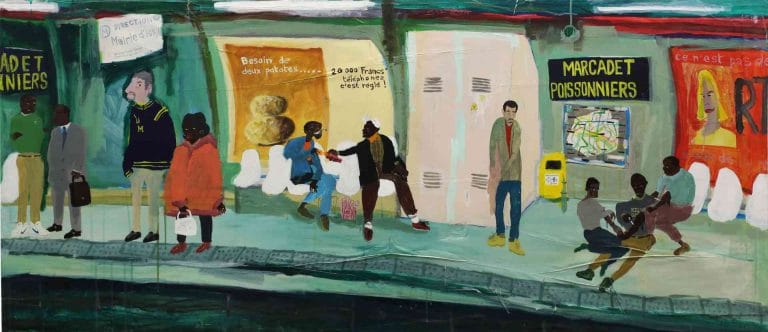 MERCREDI 12H, 3 TOXICOS - 1998, acrylic on canvas and mounted paper, 74 x 176 cm