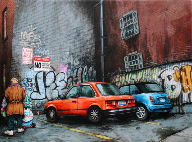 NYC, RAMASSEUSES DE CANETTES - 2007, acrylic on wood, 31,8 x 42,3 cm