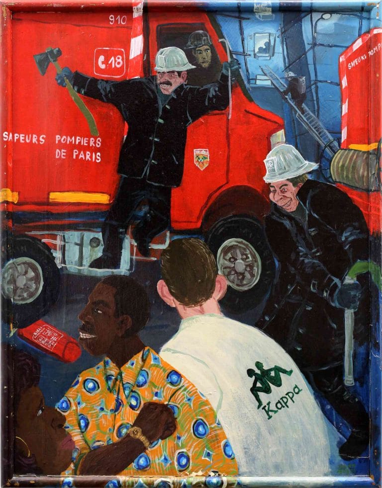 POMPIERS RUE LÉON - 1999, acrylic on cardboard and frame, 72 x 55 cm